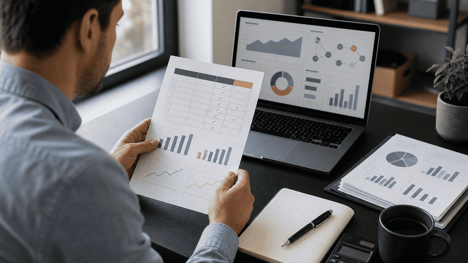 Business owner reviews an AI marketing ROI worksheet beside a laptop showing campaign performance charts.